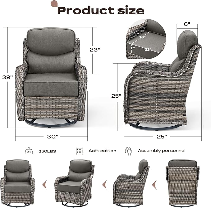 Rilyson 4 Piece Outdoor Patio Swivel Rocker Chairs, Waterproof Wicker, High Back, Deep Seating, Wide Armrest, Upgraded 6 inch Thick Cushions, Ideal for Deck Porch Backyard, Mixed Grey/Grey
