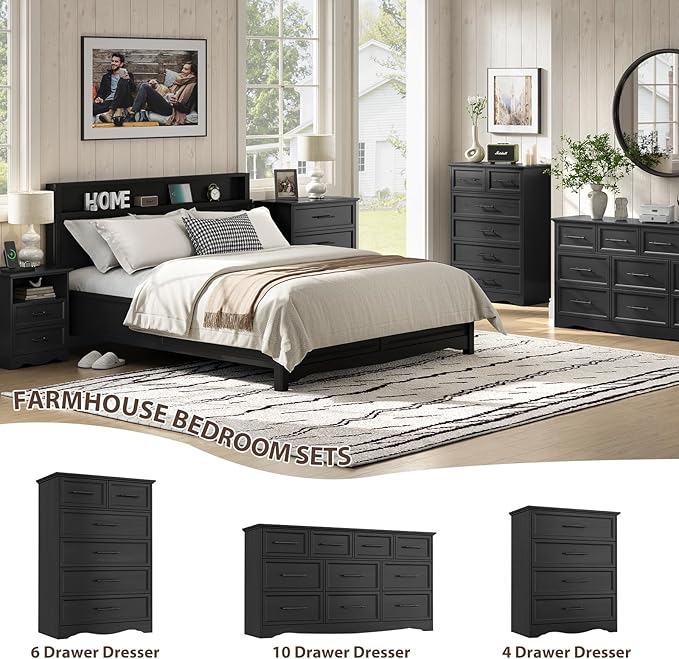 Black Dresser for Bedroom, Farmhouse 36" Tall 4 Drawer Chest with Sleek Brushed Metal Handles, Modern Wood Storage Cabinet with Unique Base Design, Closet Organizer for Bedroom, Living Room, Hallway
