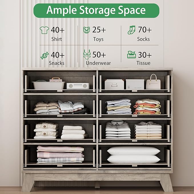 Fluted Dresser for Bedroom with 8 Drawers, 48" Wide Modern Chest of Drawers with Metal Handle, Wooden Dresser TV Stand, Wood Closet Clothes Storage Drawer Organizer for Living Room, Hallway, Grey