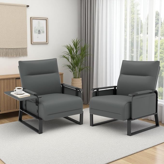 Upholstered Accent Chairs Set of 2, Modern Faux Leather Sofa Chairs with Foldable Side Tray Table & Storage Pocket, Small Accent Sofas for Living Room, Bedroom, Gray