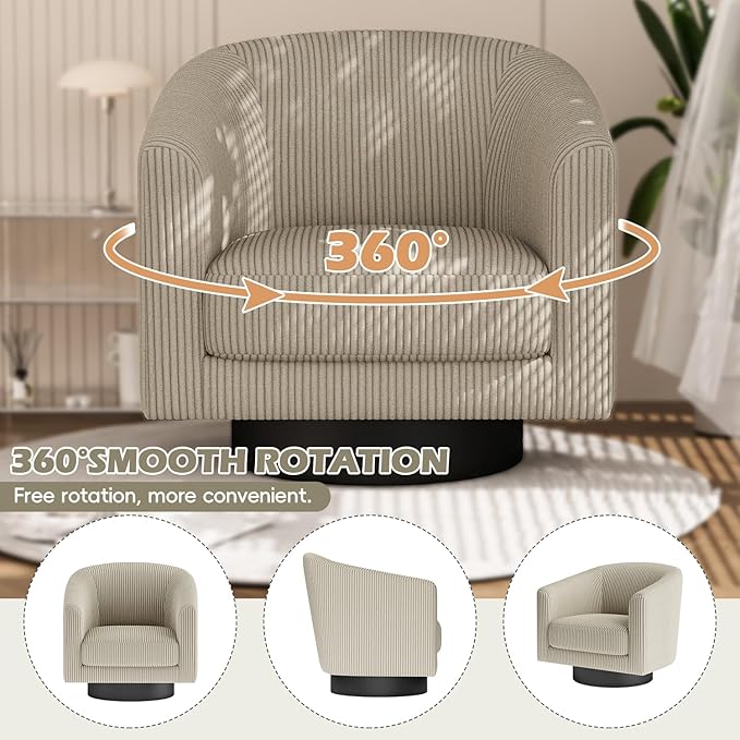 360Β° Swivel Accent Chairs, Modern Bucket Chair, Corduroy Barrel Armchair, Comfy Boucle Chair, Single Sofa for Living Room Bedroom. Camel