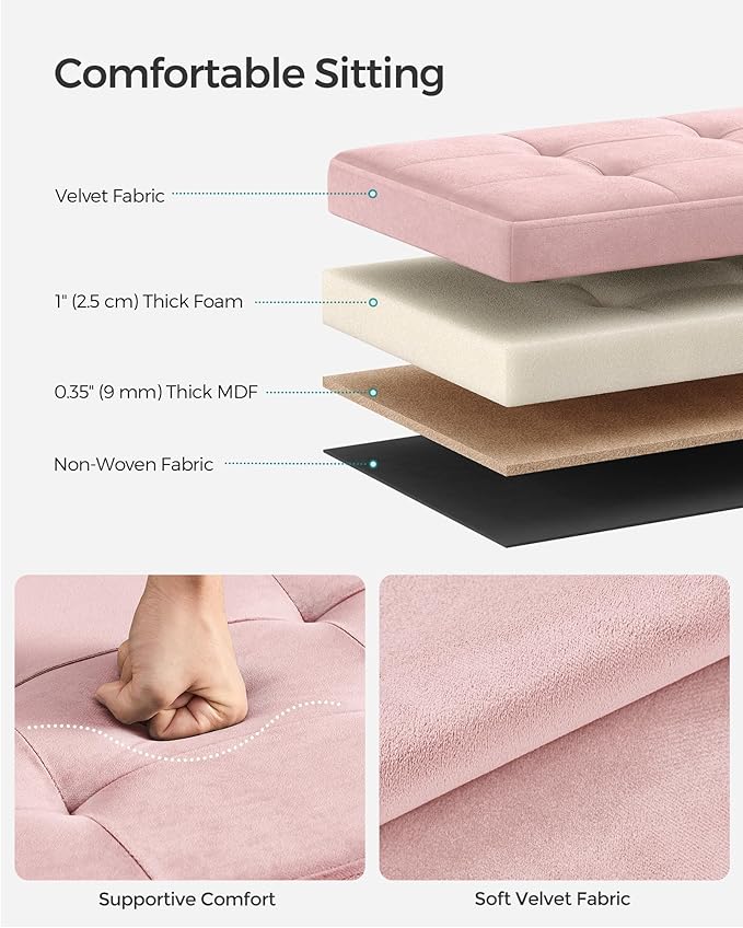 SONGMICS Mazie Collection - Storage Ottoman Bench, Foldable Foot Rest, 15 x 43 x 15 Inches, End of Bed Bench, Storage Chest, Load 660 lb, Living Room, Bedroom, Entryway, Jelly Pink ULSF277R01