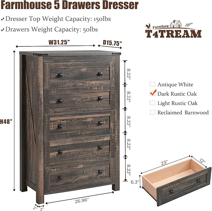 T4TREAM Farmhouse 5 Drawers Dresser Chests for Bedroom, Wood Rustic Tall Chest of Drawers, Dressers Organizer for Bedroom, Living Room, Hallway, Dark Rustic Oak