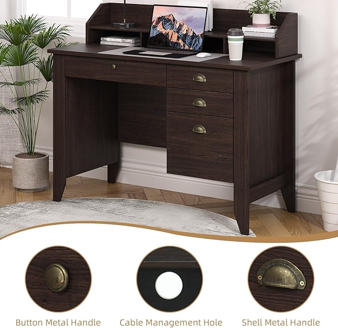 4 EVER WINNER Small Desk with Drawers, Office Desk with File Drawer and Monitor Stand, Writing Desk Study Table for Small Spaces, Espresso