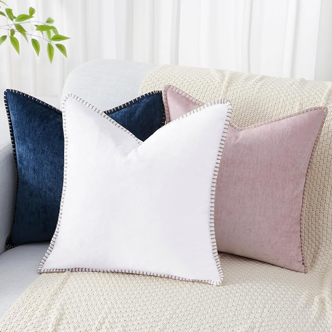 decorUhome Chenille Soft Throw Pillow Covers 12x20 Set of 2, Lumbar Velvet Farmhouse Neutral Decorative Euro Pillow Covers with Stitched Edge for Couch Sofa Bed Home Decor, White