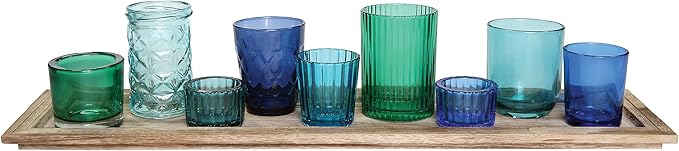 Creative Co-Op Wood Tray with 9 Blue & Green Glass Votive Holders