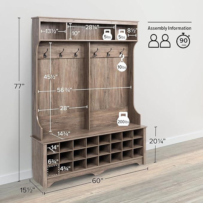 Prepac Gray Hall Tree, Shoe Cabinet, Storage Cabinet with 24 Shoe Cubbies and 6 Double Coat Hooks 15.5" D x 60" W x 77" H