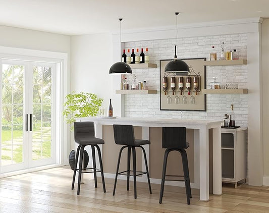 Armen Living Vienna 30" Swivel Bar Stool in Black Wood Finish with Gray Faux Leather - Set of 2