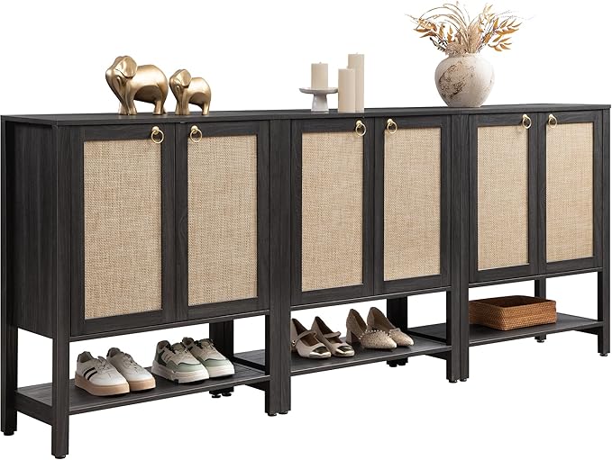 SICOTAS Shoe Cabinet with Storage - 3 Pieces Farmhouse Boho Shoe Organizer with Rattan Doors & Shelves, 5 Tier Free Standing Shoe Rack Storage Cabinet for Entryway, Hallway, Foyer, Closet (Obsidian)