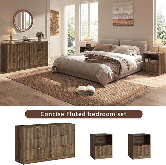 3-Piece Modern Bedroom Furniture Set, Wide 6-Drawer Dresser & 1-Drawer Nightstands Set of 2, Natural Wood Dresser and Nightstand Sets for Bedroom, Hallway, Walnut
