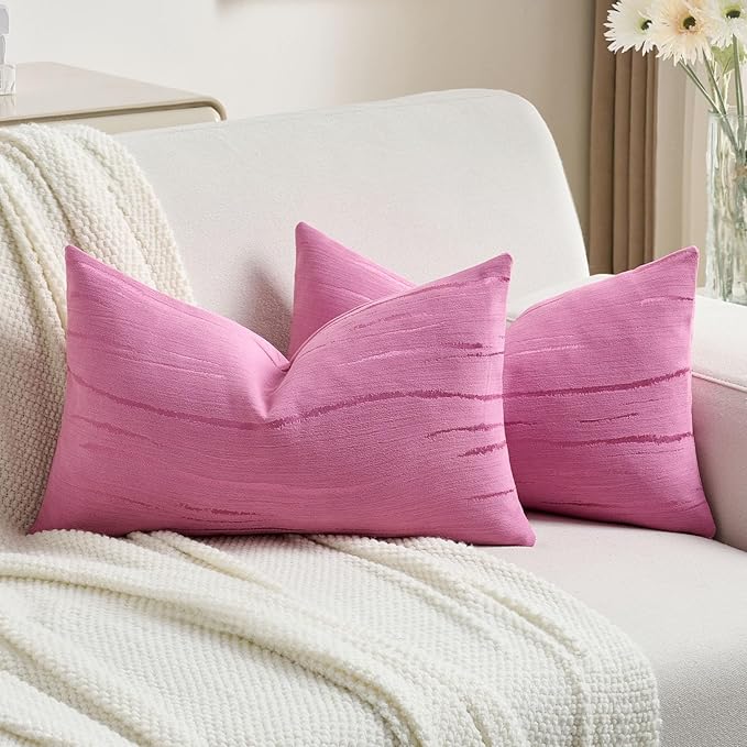 FUTEI Hot Pink Chenille Decorative Throw Pillow Covers 12x20 Inch Set of 2,Soft Embossed Striped Textured Lumbar Pillow Cases,Modern Home Decor for Couch Bed Living Room