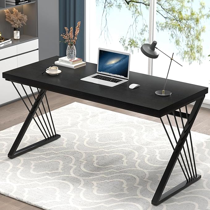 FOLUBAN Black Desk, Modern Wood and Metal Computer Desks for Home Office, Simple Writing Work PC Desk for Bedroom, Industrial Study Gaming Table for Living Room, 60 Inch