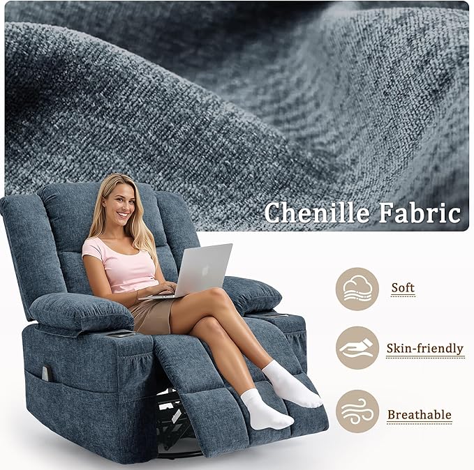 Adult 360° Swivel Rocking Recliner, Nursery Glider Lounger with Massage and Heating, Rocking Chair with Cup Holder, Living Room and Bedroom Manual Chair (Fabric, Blue)