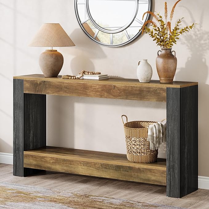 Tribesigns 63-Inch Long Console Table for Entryway, Farmhouse Wood Sofa Table Behind Couch for Living Room, Hallway, Entrance, Foyer, Rustic Brown & Black