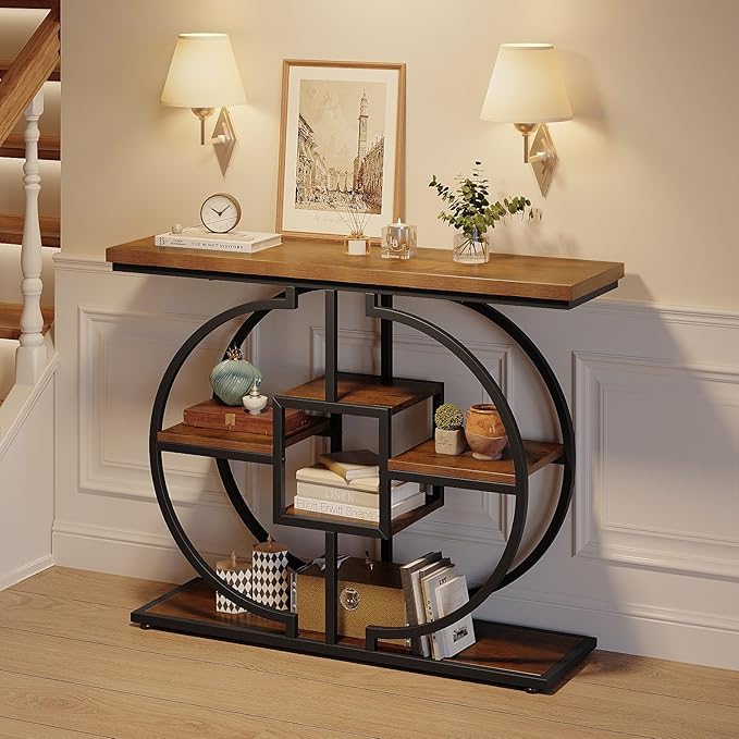 GiftGo Narrow Console Table for Entryway Industrial 4-Tier Sofa Table Behind Couch with Circle Base Rustic Wooden Accent Tables with Storage Shelves for Living Room, Hallway, Foyer (Brown)