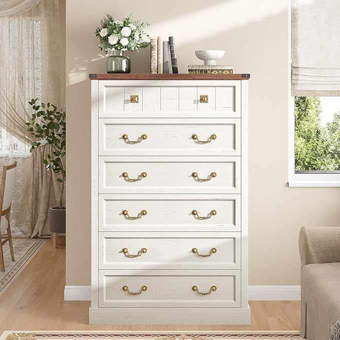 AOGLLATI Farmhouse Dresser with 6 Drawers, 51.2”Tall Wooden Rustic Chest of Drawers with Natural Texture, Vintage Design, Bedroom Dressers with Drawers for Bedroom, Antique White