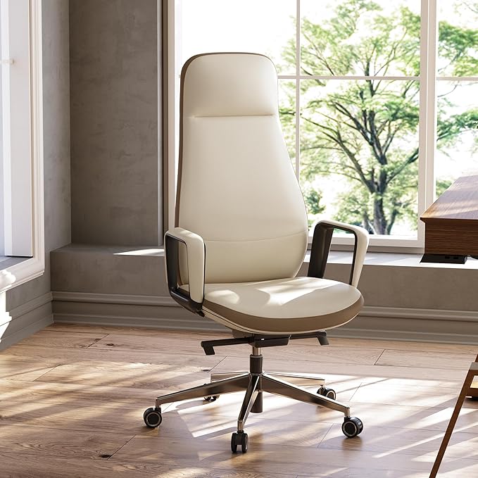 EUREKA ERGONOMIC Alto Leather Desk Chair, Silicone Leather Office Chair with Wheels, High Back Office Chair, Executive Office Chair Comfy for Home & Office, Off-White