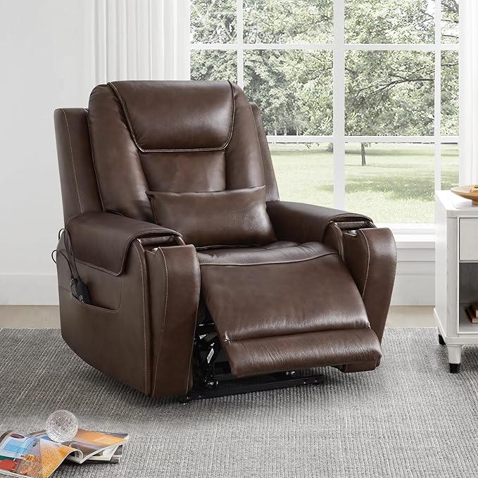 CHITA Electric Power Lift Recliner Chair for Elderly with Massage and Heat, Large Lay Flat Genuine Leather Recliner Chair with Cup Holders, USB Ports, Power Headrest, Independent Backrest, Dark Brown