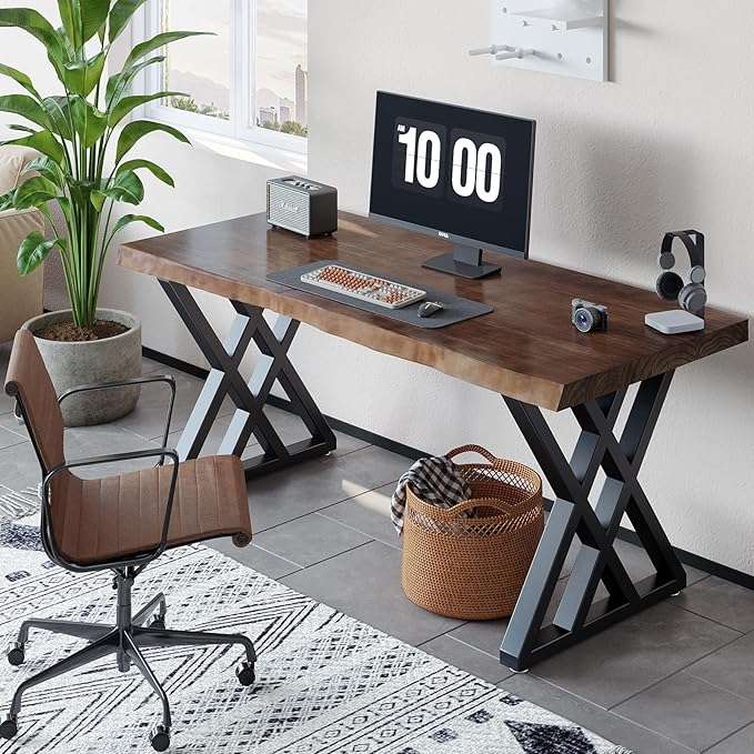 Solid Wood Computer Desk Study Office Desk 55" Writing Desk, Modern Simple Style PC Table, Black Metal Frame, Solid Wood Planks 55" D x 27" W x 29" H for Home Office Bedroom,Rustic Brown