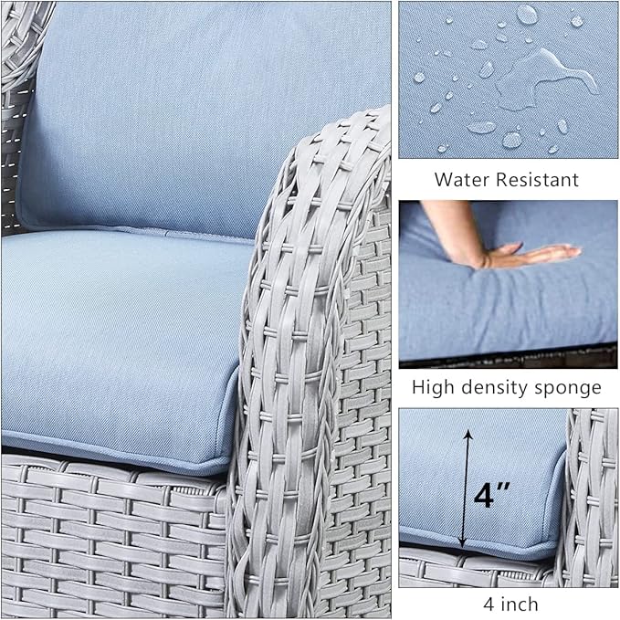 HUMMUH 5 Pieces Outdoor Furniture Patio Furniture Set Wicker Swivel Patio Chairs with 2 Seater Outdoor Sectional Sofa/Patio Loveseat with Ottomans(Light Grey/Light Blue)