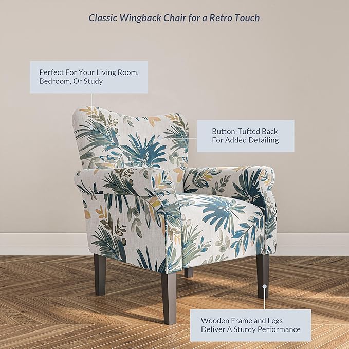 BELLEZE Modern Accent Chair, High Back Armchair, Upholstered Wingback Side Chair, Padded Single Sofa with Wooden Legs for Living Room, Bedroom - Green Blue Floral