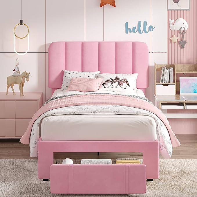 VECELO Twin Size Upholstered Bed Frame with 4 Drawers and Headboard, Velvet Platform Storage Bedframe, Wooden Slats Support, No Box Spring Needed,Pink