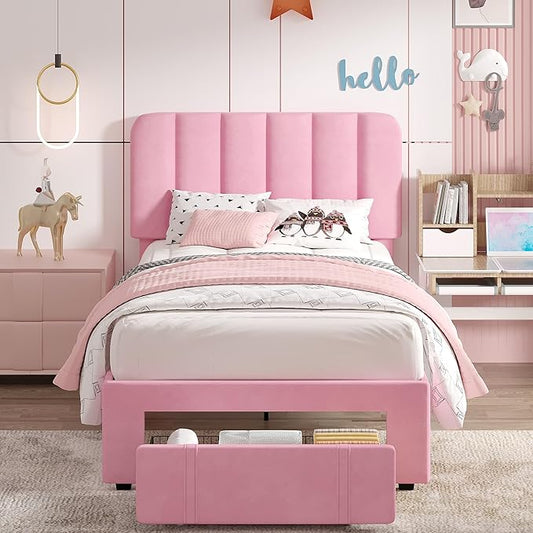 VECELO Twin Size Upholstered Bed Frame with 4 Drawers and Headboard, Velvet Platform Storage Bedframe, Wooden Slats Support, No Box Spring Needed,Pink