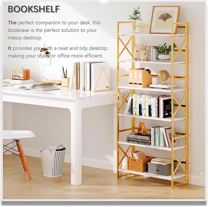 4NM 6 Tiers No Assembly Book Shelves, 61.8" H Folding Bookshelf Bookcase Open Industrial Foldable Shelves for Bedroom, Living Room, Home Office - White Gold