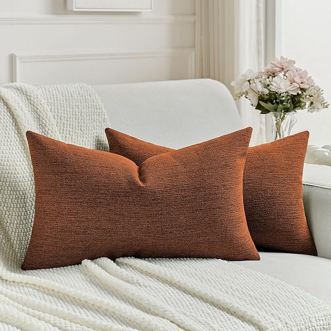 FUTEI Rust Chenille Decorative Throw Pillow Covers 12x20 Inch Set of 2,Soft Cozy Faux Linen Textured Lumbar Pillow Cases,Farmhouse Home Decor for Couch Living Room