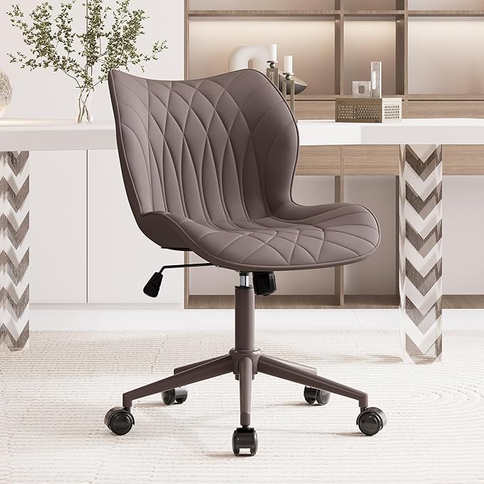 YOUNUOKE Armless Desk Chair Comfy Office Chair with Wheels Home Ergonomic Task Chair Adjustable Computer Chairs Modern Faux Leather Swivel Chair Upholstered Makeup Vanity Chair with Back(Brown)