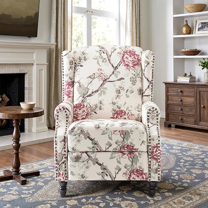 Recliner Chair, Upholstered Wingback Floral Pushback Armchair with Adjustable Backrest & Footrest, Comfy Accent Chair for Small Spaces, Living Room, Bedroom-Plants Floral, Set of 1