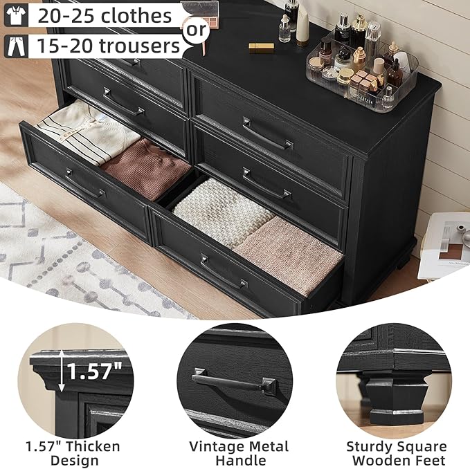 Farmhouse Black 6 Drawer Dresser for Bedroom, 54 inch Wide Vintage Large Chest of Drawers with Square Wood Legs, Rustic TV Console for Living Room, Wooden Storage Closet Dressers for Home