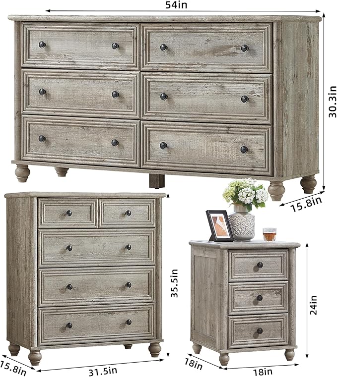 Farmhouse Dressers & Night Stand Set of 4, Wood 54" Wide 6 Drawer Dresser & 35" Tall Chest of Drawers, 18" Roman Column Nightstand Set of 2, Bedroom Furniture Dresser Sets for Home Living Room Hallway