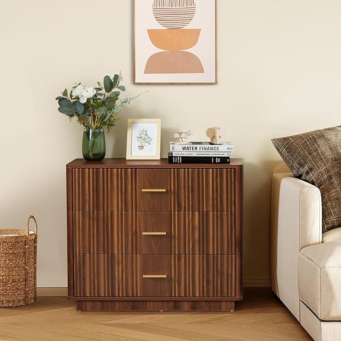 Fluted Dresser for Bedroom with 3 Drawers, 31.5" Wide Modern Chest of Drawers with Metal Handle, Large Storage Dresser, Wood Closet Clothes Storage Organizer for Nursery Living Room, Hallway, Walnut