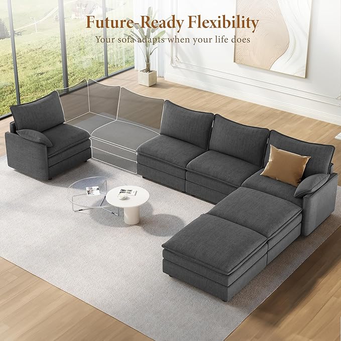 Vesgantti 142" U Shaped Sectional Couch, Comfy Cloud Modular Sectional Sofa with 2 Ottoman Deep Seat Chenille Modern Cloud Sofa, Modular Sofas for Living Room, Bedroom and Apartment, Gray