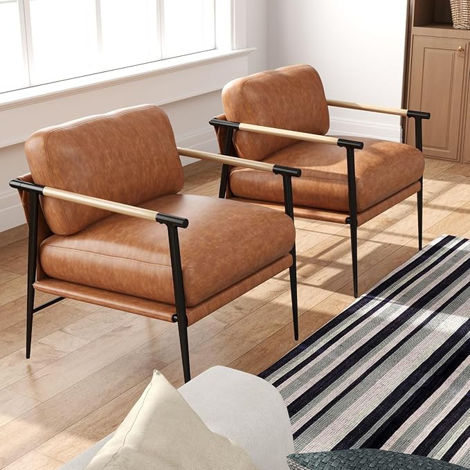 LukeAlon PU Leather Accent Chairs Set of 2, Ultra Soft Lounge Chairs with Metal Legs Modern Armchairs Upholstered Mid-Century Comfy Leisure Chair for Bedroom Living Room Reception Area, Brown