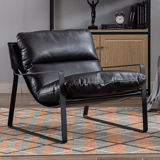 DUOMAY Mid-Century Accent Chair Armchair, Comfy PU Leather Leisure Chair Lazy Chair with Metal Leg for Living Room Bedroom Office Apartment, Black