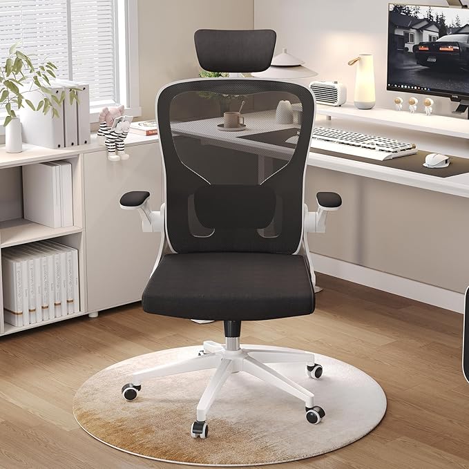 Ergonomic Office Chair, High-Back Mesh Computer Desk Chair with Adjustable Height, Lumbar Support, Flip-Up Armrests,headrest,and Swivel Rolling Design for Home and Office Use