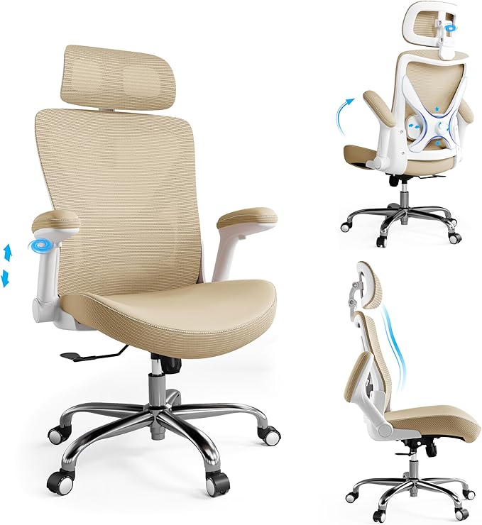 Office Home Ergonomic Desk Chair-Computer X-Shaped Chair Mesh PU Leather with Adjustable Lumbar Support-Executive Chair High Back with Headrest Flip-Up Arms for Long Hours (Khaki)