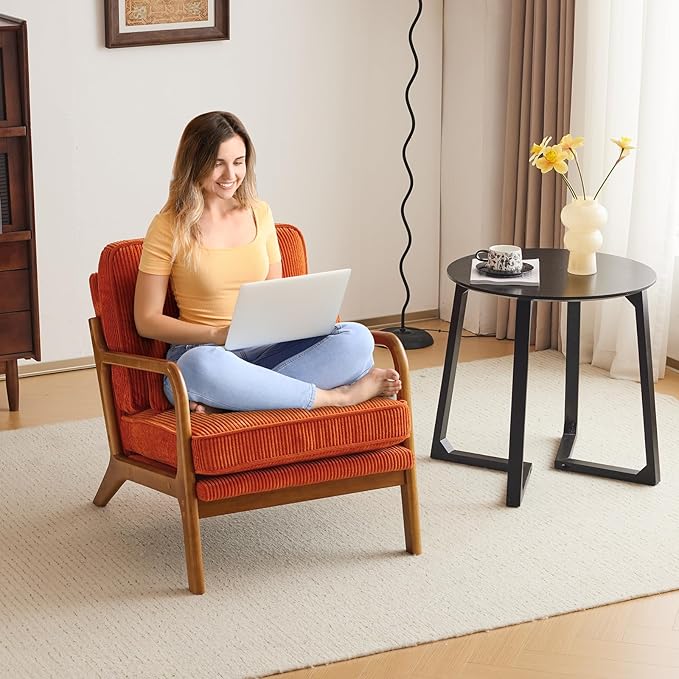 Karl home Mid-Century Modern Accent Chair, Living Room Chairs with Pillow Corduroy Upholstered Lounge Armchair with Solid Wood Frame & Soft Cushion for Bedroom, Reading Room, Orange