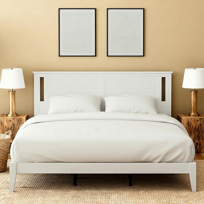 Serene Solid Wood Platform Bed with Horizontal Scoring Headboard, Farmhouse Coastal Modern Design, Easy Assembly, Ample Underbed Storage, Supports up to 1,000 lbs, King Size, White Finish