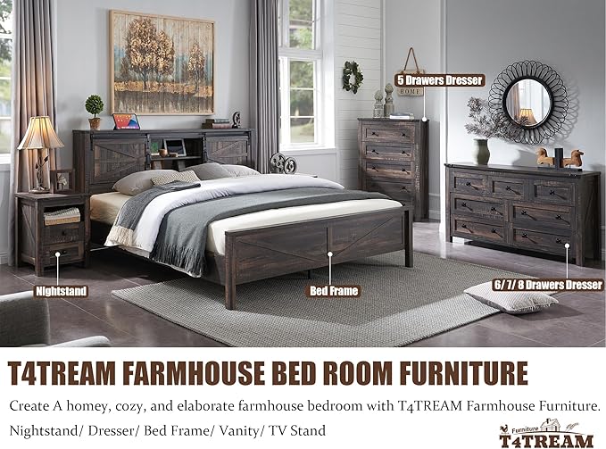 T4TREAM Farmhouse Nightstand Set of 2 with Charging Station, Rustic End Table with 2 Drawers, Storage Open Shelf for Bedroom, Living Room, Wood Side Table, Dark Rustic Oak