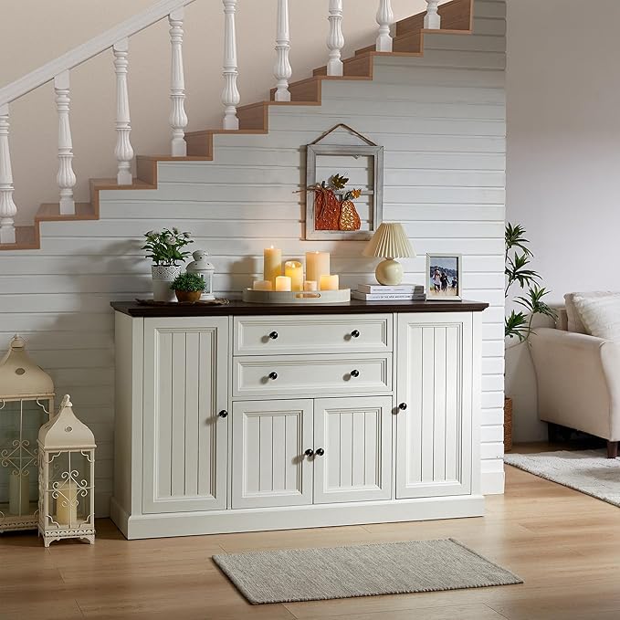 Farmhouse 58" Buffet Cabinet with Storage, 34" Tall Coffee Bar Cabinet w/2 Large Drawers & 4 Grooved Barn Doors, Wood Rustic Sideboard Buffet Cabinet for Dinning Room, Kitchen, Living Room,White