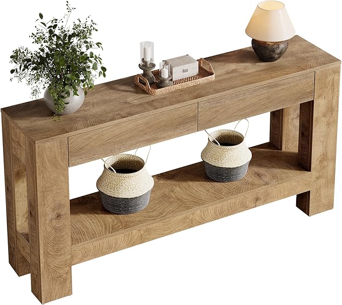 Tribesigns 63-Inch Console Table with 2 Drawers, 2-Tier Wooden Sofa Table Behind Couch, Farmhouse Entryway Console with Storage Shelf & Sturdy H-Shaped Legs for Living Room, Entrance, Hallway