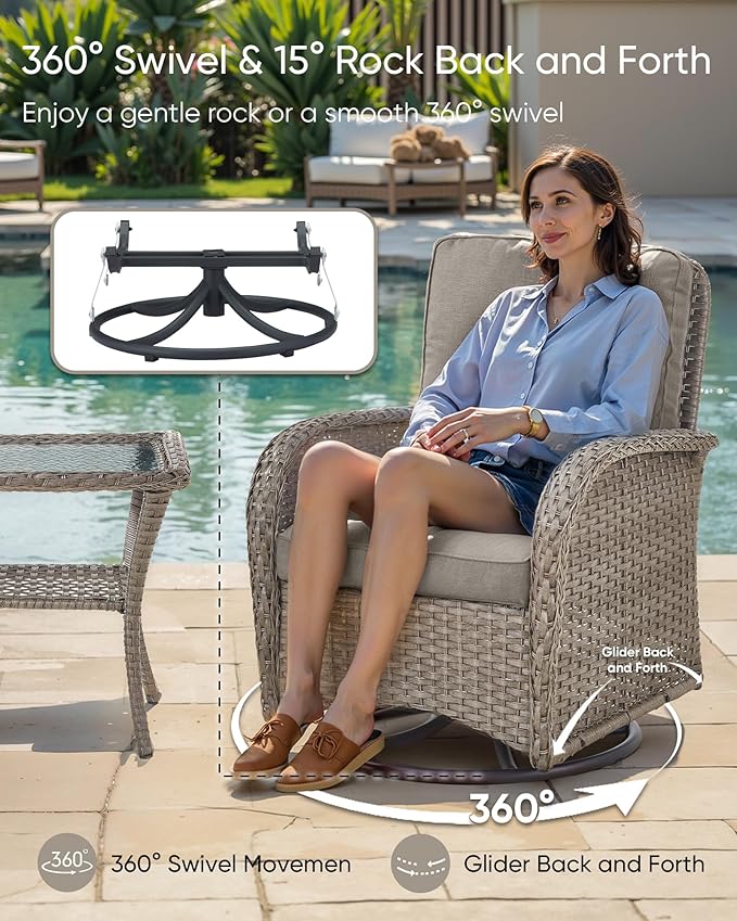 Patio Furniture-All Weather Wicker Patio Conversation Sets with Swivel Patio Chairs High Back Outdoor Couch with Swivel Rocking Chairs Outdoor Furniture for Deck Lawn Porch Balcony Poolside-Grey/Grey