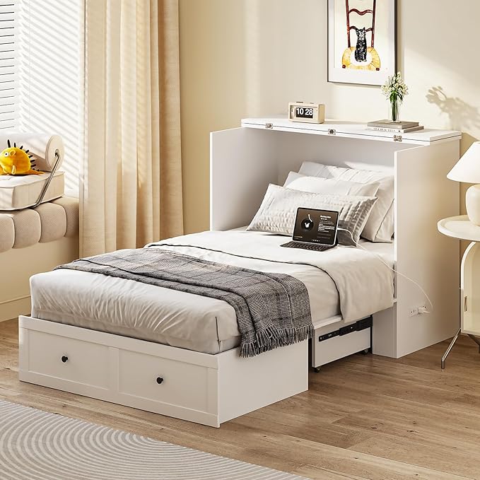 Twin Murphy Bed with Built-in Charging Station, Space-Saving Murphy Bed Chest Twin with Drawer, Foldable, for Home Office Guest Room Bedroom White