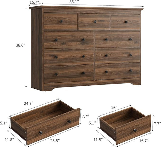 Dresser for Bedroom, 9 Drawer Dresser with Large Drawers, 55 Inch Wide Wood Chest for Living Room, Hallway, Walnut