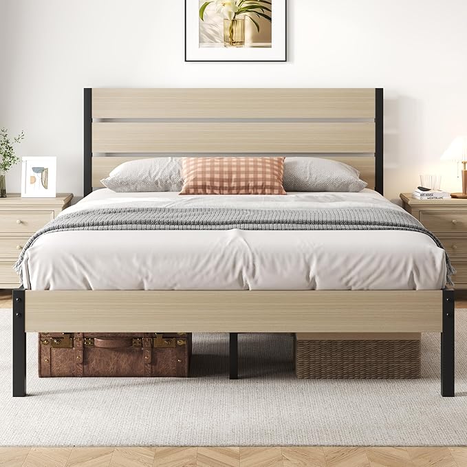 Queen Bed Frame with Headboard and Footboard, with Under Bed Storage, All-Metal Support System, No Box Spring Needed, Easy Assembly, Beige