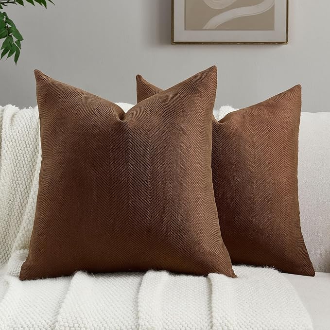 FUTEI Dark Brown Chenille Throw Pillow Covers 16x16 Inch Set of 2,Soft Wide Chevron Textured Cushion Case,Farmhouse Home Decor for Couch Bed Living Room