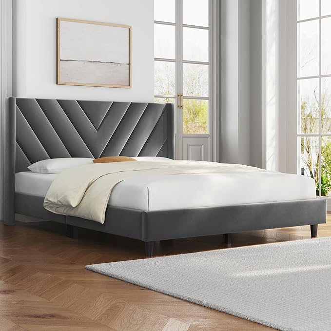 Yaheetech Full Bed Frame Upholstered Platform Bed with Wing Side Tufted Headboard/Sturdy Wooden Slat Support/No Box Spring Needed/Mattress Foundation,Dark Gray Full Bed